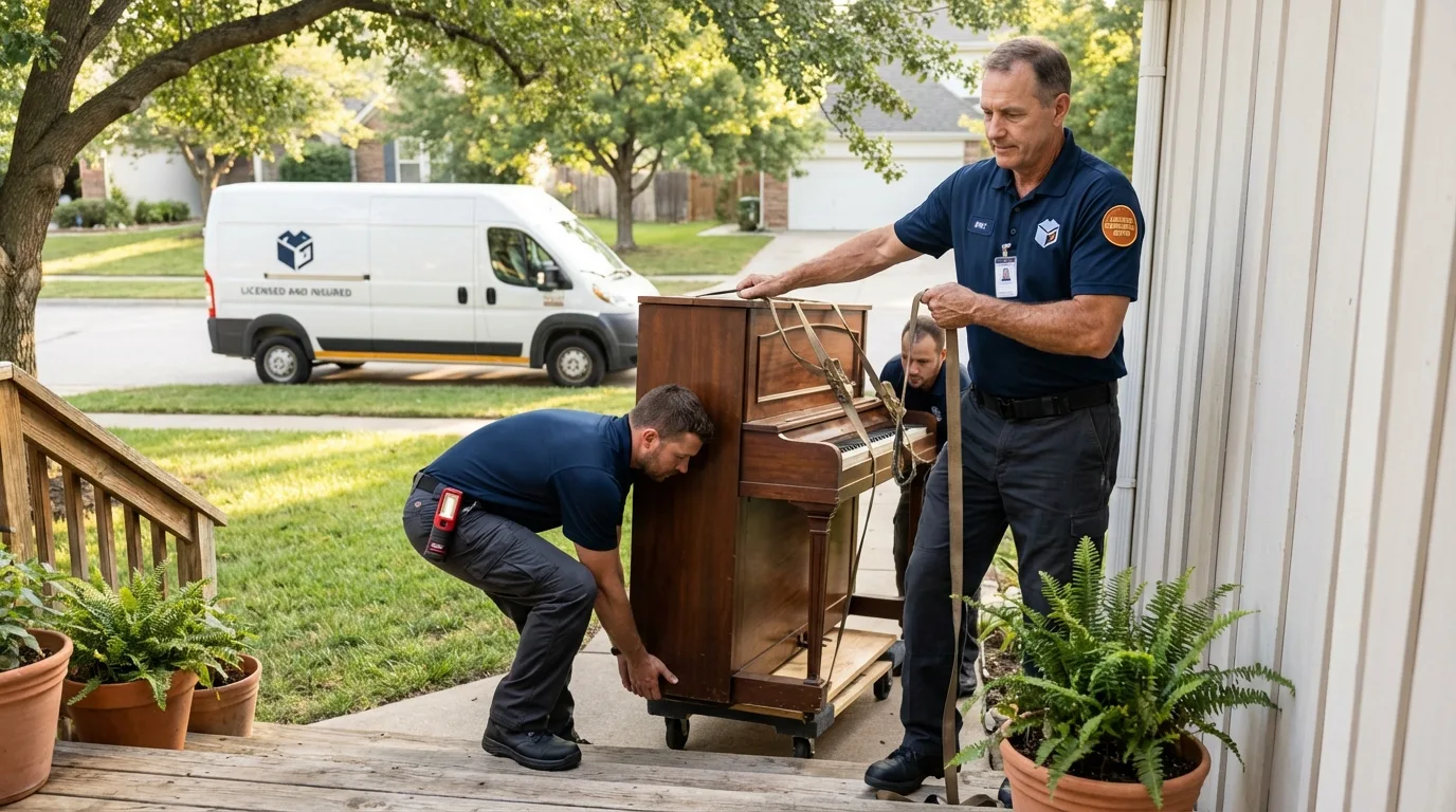 Licensed piano movers securing grand piano in Elkhart, IN