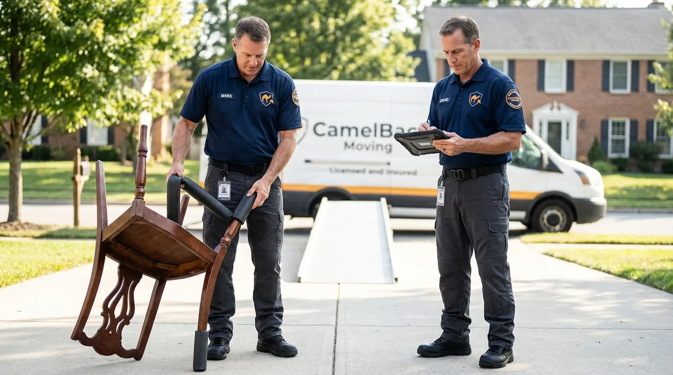 Movers inspecting furniture for damage prevention before loading in Elkhart, IN