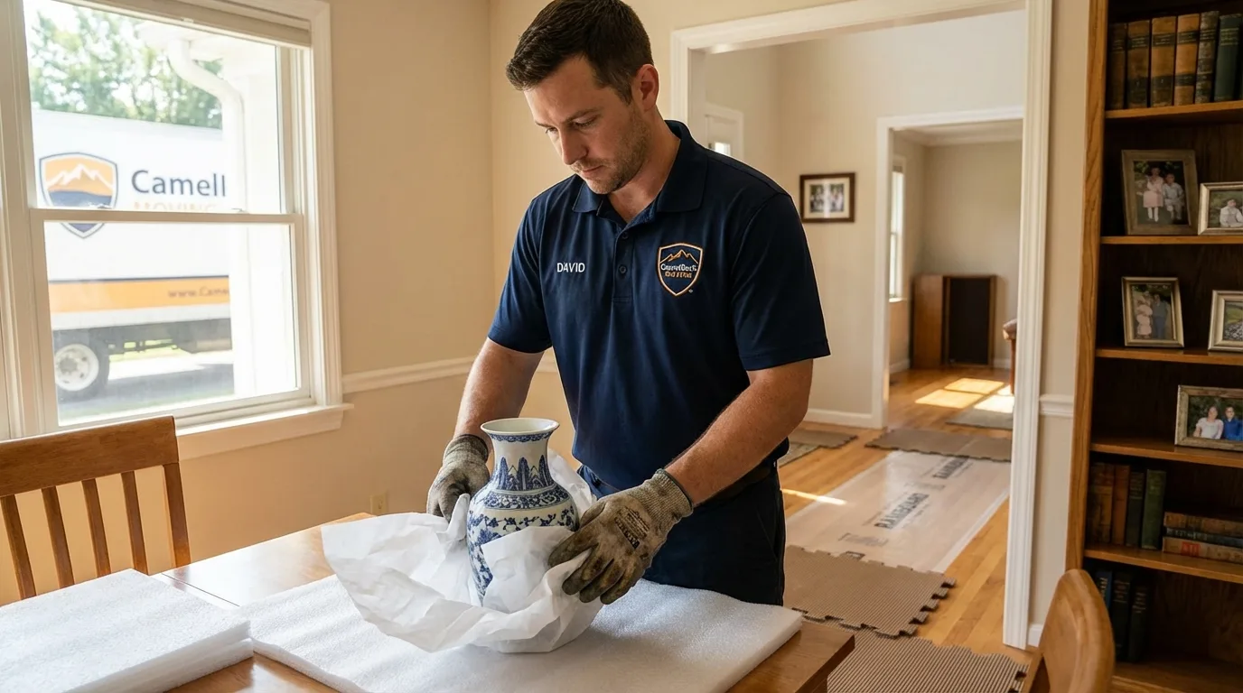 Professional crew carefully wrapping antique vase for senior downsizing move in Elkhart, IN